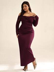 Auralis 大码女士连衣裙，约会女装，浪漫约会单肩网纱扭结修身褶皱长款及地长袖女士长裙，优雅女士服装，遮盖臀部，长款连衣裙 - 中紫紅色 - 查看 4