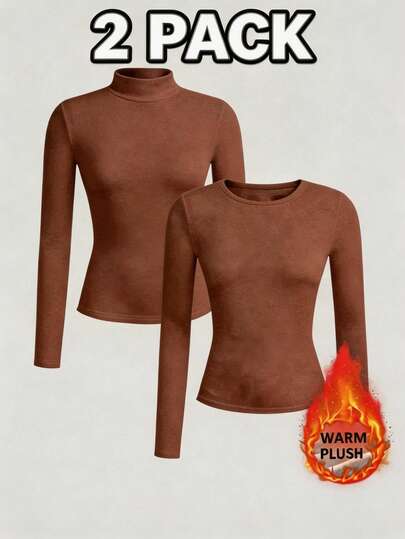 Paquete de 2 Playeras Termicas de Mangas Largas para Mujer, Cuello Alto y Cuello Redondo, Casuales, Comodas