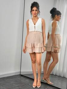 Momance Maternity Solid Color Frill Waist Ruffle Hem Skort - Khaki - View 8