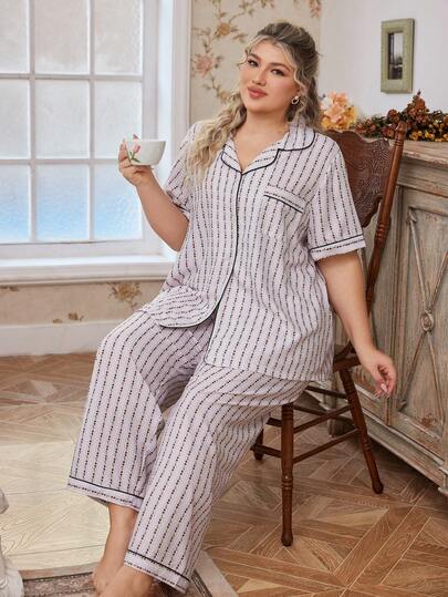 CottageSlumber Bubble Crinkle Floral Striped Print Lapel Cardigan Short Sleeve Pajama Set