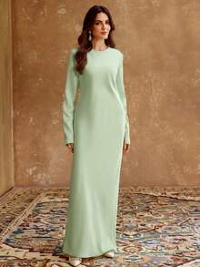 ZEYLAH Satin Asymmetric Fringe Long Sleeve Dress, Spring/Summer - Mint Green - View 3