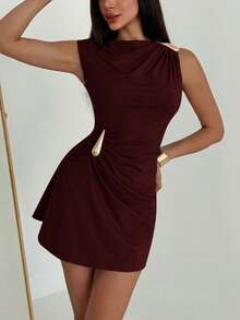 Aloruh Elegant Solid Color Metal Decor Dress, Casual & Party Wear,Summer Dresses For Women - Burgundy - View 4