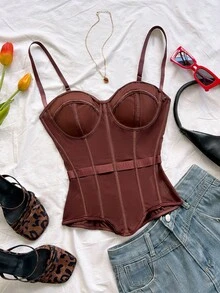 Soleia Sexy Retro V-Neck Asymmetrical Hem Fitted Women's Camisole, Suitable For Palace, Nightclub, Bohemian, Boho, Vacation, Vintage, Holiday - Brown - View 1