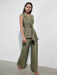 Aveloria Modichic New Arrival Modern Elegant Professional Stylish Design Casual Sleeveless Blazer & Straight Leg Pants Suit Set - Army Green - View 1