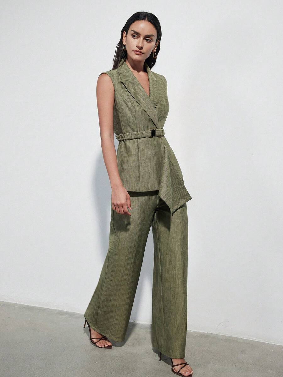 Aveloria Modichic New Arrival Modern Elegant Professional Stylish Design Casual Sleeveless Blazer & Straight Leg Pants Suit Set - Army Green - View 1
