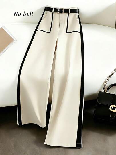 Franclia Nuovi pantaloni casual e alla moda, versatili, con patchwork nero e albicocca, a gamba larga e dritta, con cintura, pantaloni eleganti e morbidi a gamba ampia per donna, adatti dalla primavera all'estate