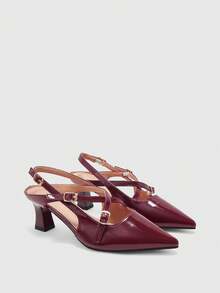 CUCCOO BIZCHIC 法式尖头交叉绑带女士套脚鞋 - 酒紅色 - 查看 2