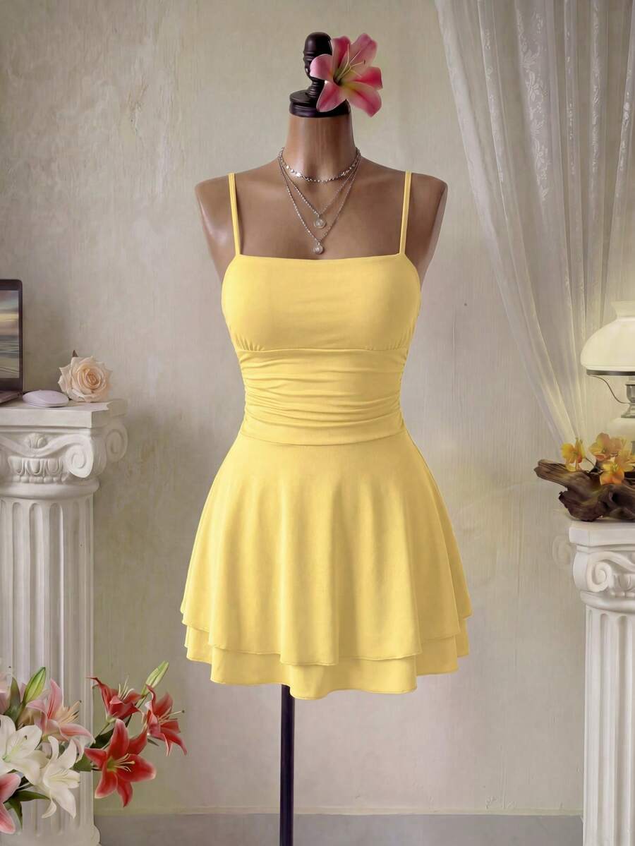 Femesol Ladies' Solid Color Simple Daily Wear Spaghetti Strap Sexy Dress - Yellow - View 1