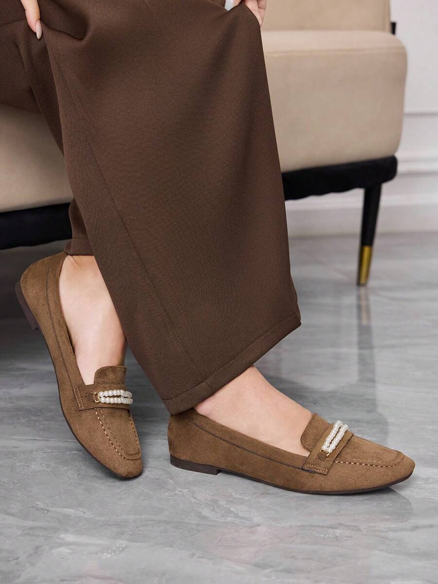 CUCCOO BIZCHIC Women's Square Toe Loafers With Metal Ring Buckle Design, Versatile Slip-On Shoes For Commuting And Work - Coffee Brown - View 1