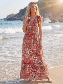 Sylviya 女士休闲抽象图案长袖连衣裙，基本款日常秋冬装 - 橘色 - 查看 5