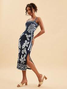 Travachic 热带印花侧开衩修身度假连衣裙 - 黑色 - 查看 3