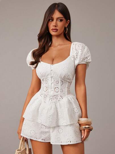 Radiana Women's Sexy Elegant Romantic White Hollow Embroidered Ruffle Jumpsuit, Cute Solid Color Puff Sleeve Embroidered Jumpsuit Shorts, Slim Waist Jumpsuit, Casual Jumpsuit, Beach Pants, Holiday Jumpsuit, Pastoral Style Outfit, Suitable For Daily Outing, Urban, Night, Date, Tea Party, Picnic, Party, Cocktail Party, Island Vacation, Beach, Holiday Travel, Music Festival, Concert, Folk Music Festival