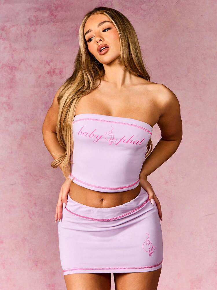 BABYPHAT Women's Jersey Bandeau Strapless Top With Contrast Pink Stitching And Logo Print