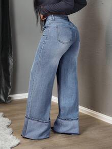 SHEIN Tall 女士高腰口袋阔腿宽松休闲百搭牛仔裤 - 藍色 - 查看 3