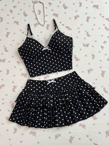 Elamini Women Bow Lace Trim Camisole Top And Layered Ruffle Hem Mini Skirt 2 Pieces Set - Black and White - View 1