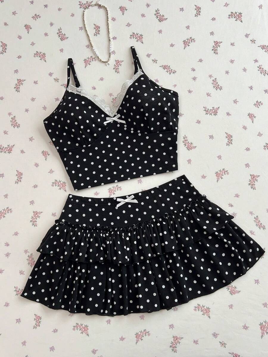 Elamini Women Bow Lace Trim Camisole Top And Layered Ruffle Hem Mini Skirt 2 Pieces Set - Black and White - View 1