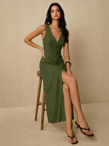 Poéselle 女士条纹单排扣V领无袖休闲连衣裙 - 軍綠色 - 查看 2