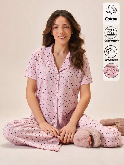 Loomlin Cotton Women Striped Heart Pattern 2 Pcs Button Front Detail Short Sleeved Shirt&Long Pants Homewear Comfort Lounge Pajama Set Pj Sets For Women Short Sleeve Womens Summer Pajama Set Heart Print Pajama Set Striped Pajama Set Pajamas Set For Woman