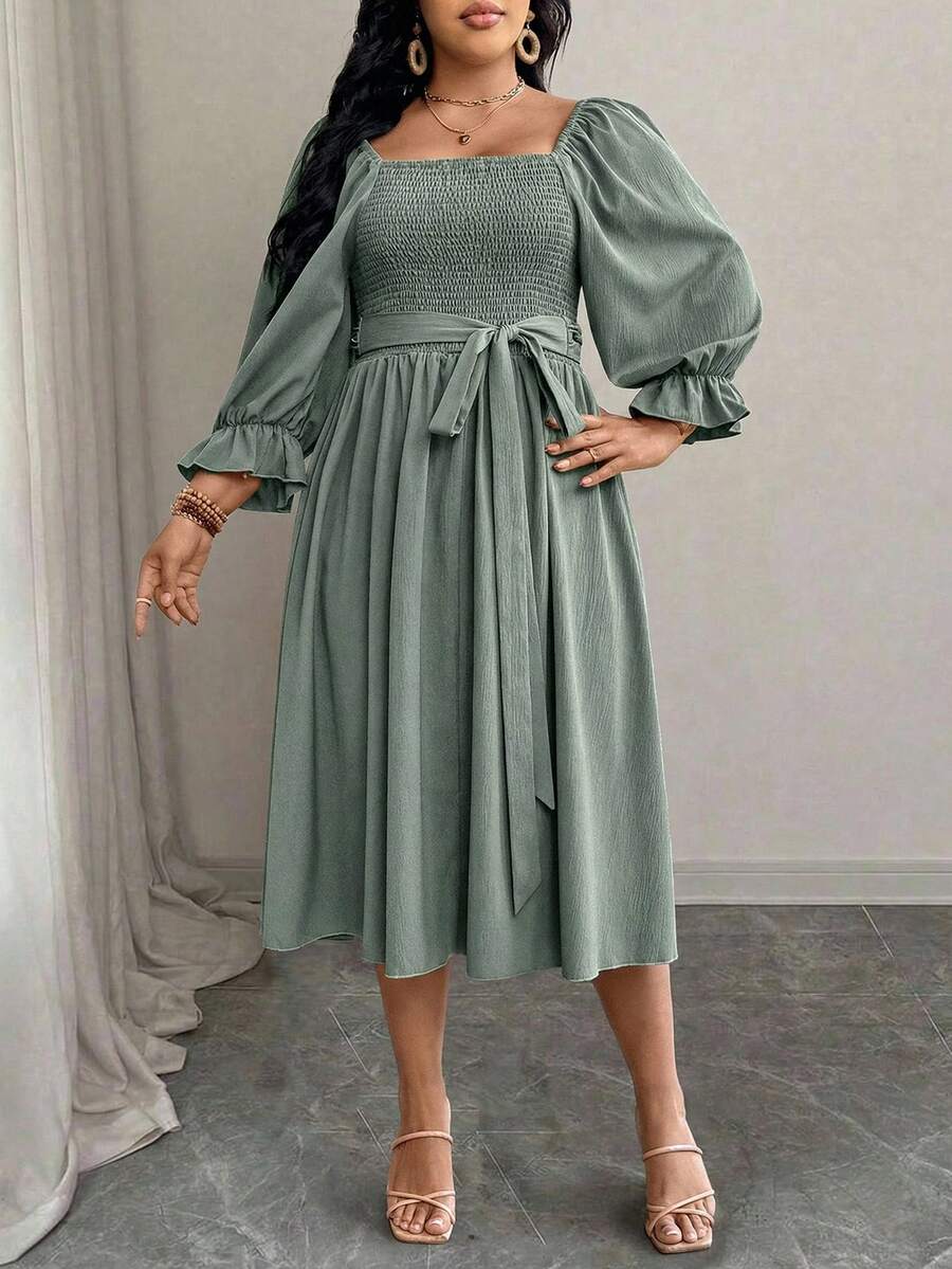 Elenzga Nuevo vestido elegante y versátil para vacaciones y uso casual en tallas grandes, adecuado para primavera, verano y otoño - Verde - Ver 1