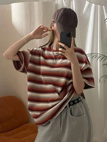 DAZY Women's Casual Striped Dropped Shoulder Loose T-Shirt, Summer