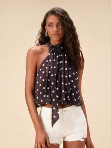 Travachic 女士优雅波点印花系领衬衫 - 棕色 - 查看 3