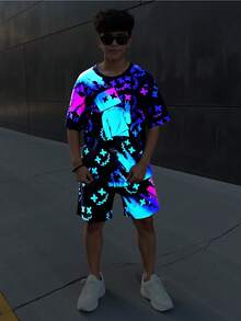 SHEIN 2pcs Tween Boy Black Casual Summer Streetwear City Break Outfit Set, Vision Fluorescent Cartoon Round Neck Short Sleeve T-Shirt And Shorts Set - Multicolor - View 5