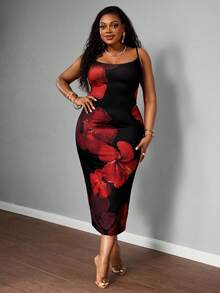 SHEIN PETITE CURVE 大码女式印花优雅收腰派对连衣裙 - 彩色 - 查看 5