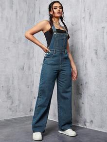 SHEIN ICON Casual Versatile Straight Leg Denim Bib Overall Jumpsuit Back-To-School Student Navy Blue Summer - Dark Wash - View 5
