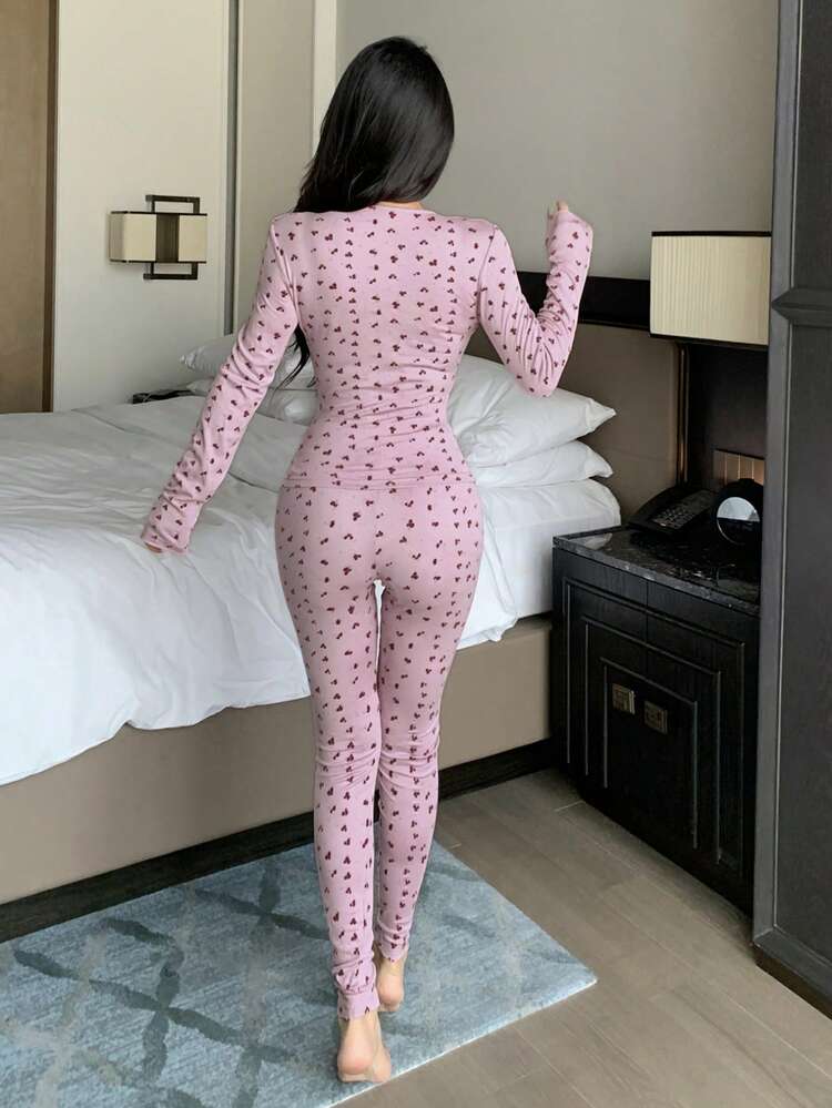 Ditsy Floral Deep V-Neck Long Sleeve Top And Skinny Pants Pajama Set, Fall Winter Clothes