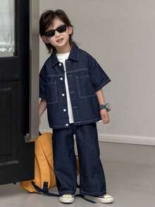DAZY Young Boy Casual Short Sleeve Shirt And Denim Pants Set - Blue - View 4