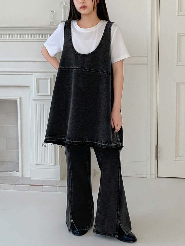 2pcs/Set Tween Girls Denim Vest & Flare Jeans Outfit