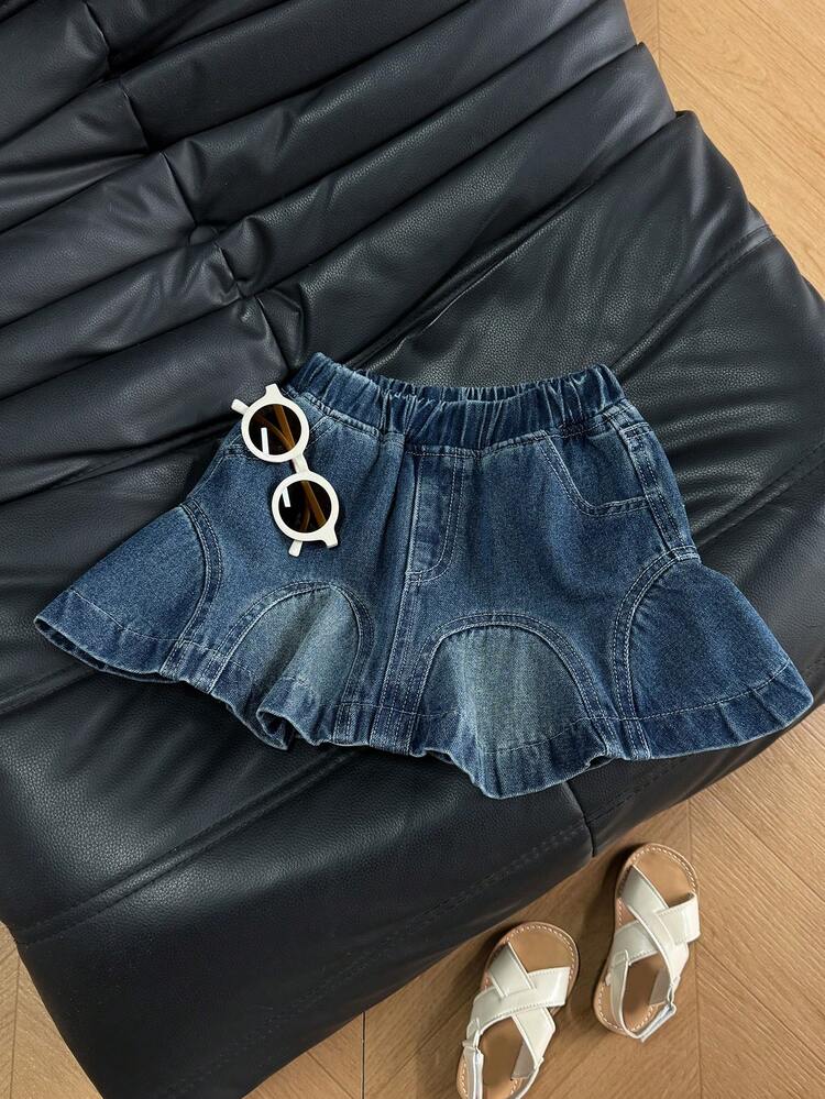 Young Girl Elastic Waist Pocket Ruffle Hem Casual Denim Skirt Summer