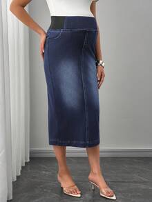 SHEIN Pregnant Women's Casual Four-Way Stretch Denim Skirt With Pockets - Dark Wash - View 6
