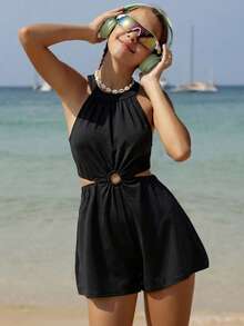 Teen Girls' Backless Halter Romper For Summer Beach Vacation, Hawaii Beach Holiday - Black - View 5