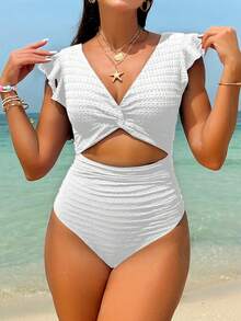 Swim Vcay 1pc White Twist Ruffle Backless Casual Vacation Party Holiday Beach One-Piece Swimsuit For Women, Spring/Summer - White - View 3