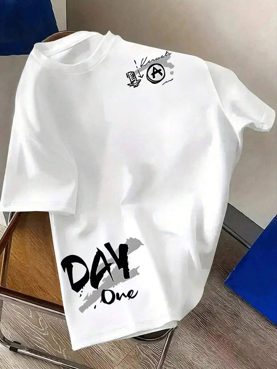 Manfinity Dauomo Camiseta masculina casual de manga curta com estampa de letras, gola redonda e tamanho padrão. - Branco - Ver 1