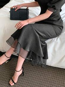 DAZY Women's V-Neck Elegant Mermaid Hem Waist Cinched Short Sleeve Mesh Double Layer Mid-Length Dress - Black - View 5