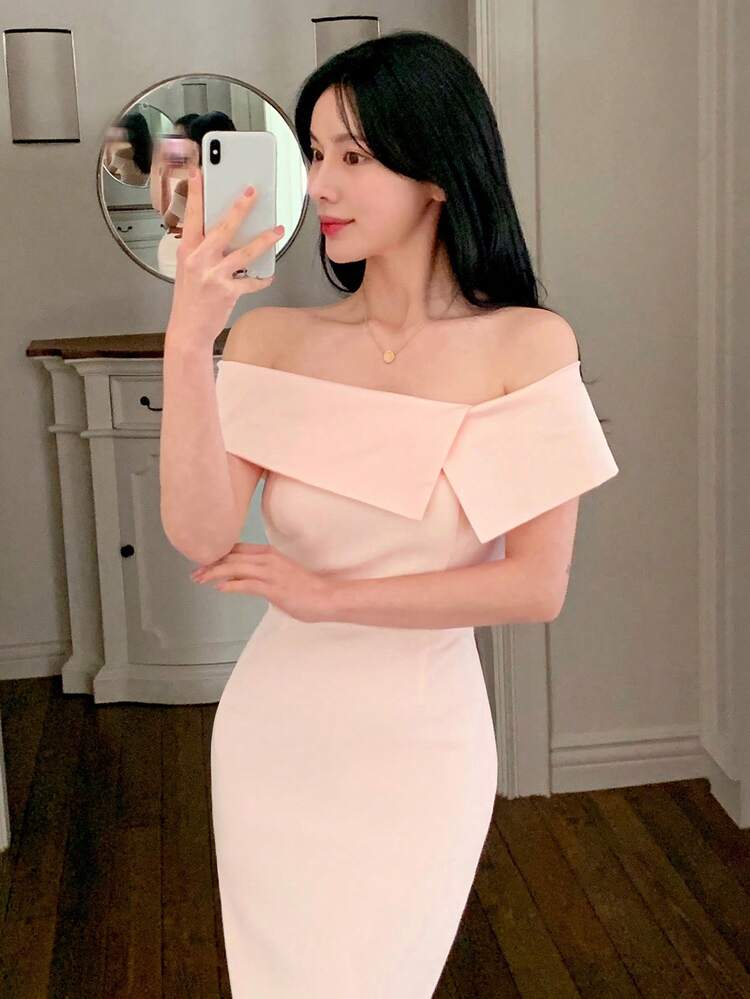 Women's Elegant Solid Color Off Shoulder Fitted Mid-Length Dress, Summer Sundress