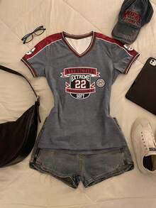 Plus Size Fitted Short V-Neck Raglan Short Sleeve T-Shirt Jersey - Multicolor - View 1