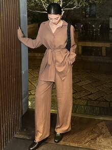 DAZY Women's Casual Solid Color Belt Shirt And Wide Leg Pants 2 Pieces Set, Spring Lounge Sets For Women - Khaki - View 3