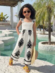 SHEIN Tween Girl Casual Minimalist Comfortable Cap Sleeve Pattern Jumpsuit - Multicolor - View 2