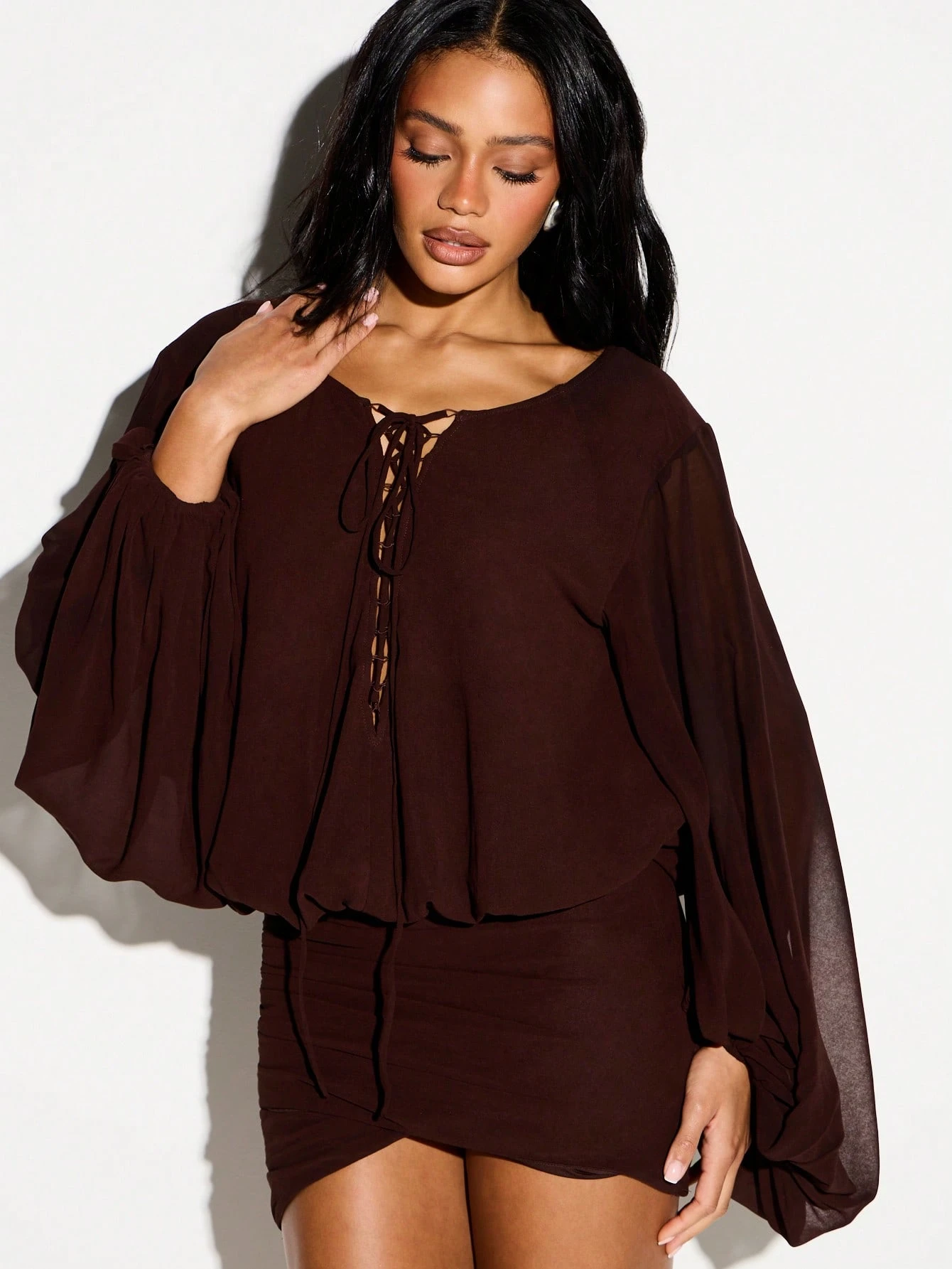 KIZN Lace-Up Balloon Sleeve Mini Dress With Coin Belt