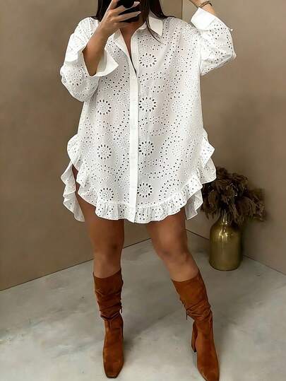 Vionelle Plus Size Women Elegant Curved Hem Loose Long Sleeve Blouse, Spring/Summer Plus Size Blouses White White Eyelet Top Eyelet Blouse White Long Sleeve Blouse Eyelet Top For Women White Shirt Dress White Denim Dress White Dress Long Sleeve White Eyelet Dress White Western Dress