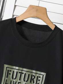 SHEIN Vacaura 男童印花黑色短袖T恤+米色工装裤休闲套装（2件套），春夏款 - 軍綠色 - 查看 5