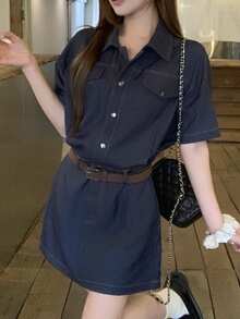 DAZY 女士纽扣领时尚通勤日常短袖连衣裙 - 藍色 - 查看 4