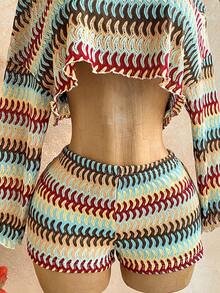 Soleia Bộ đồ thể thao nữ đi nghỉ mát, kẻ sọc, cổ áo bất đối xứng, áo crop top và quần short (2 món) - Màu be - Xem 4