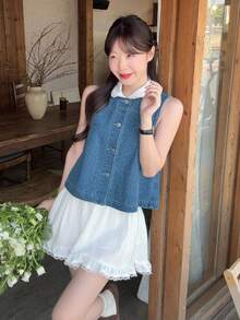 DAZY 女士单排扣蕾丝休闲百搭牛仔上衣，适合日常穿着 - 藍色 - 查看 8