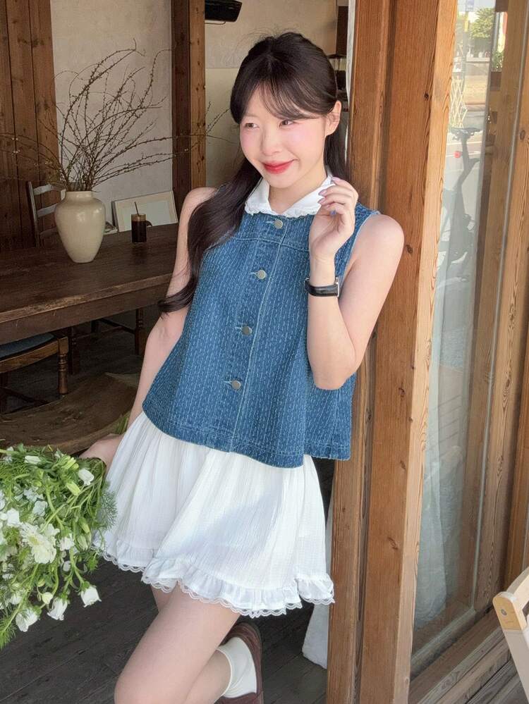 Women's Single-Breasted Lace Casual Versatile Denim Top For Daily Wear