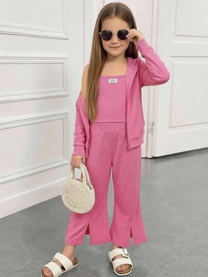 Conjunto de 3 piezas de camisola sin mangas para niñas, pantalones anchos y cárdigan con capucha a juego