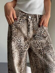 DAZY Vaqueros de pierna ancha con estampado de leopardo y flores, estilo callejero casual para mujer, primavera/verano - Marrón - Ver 5